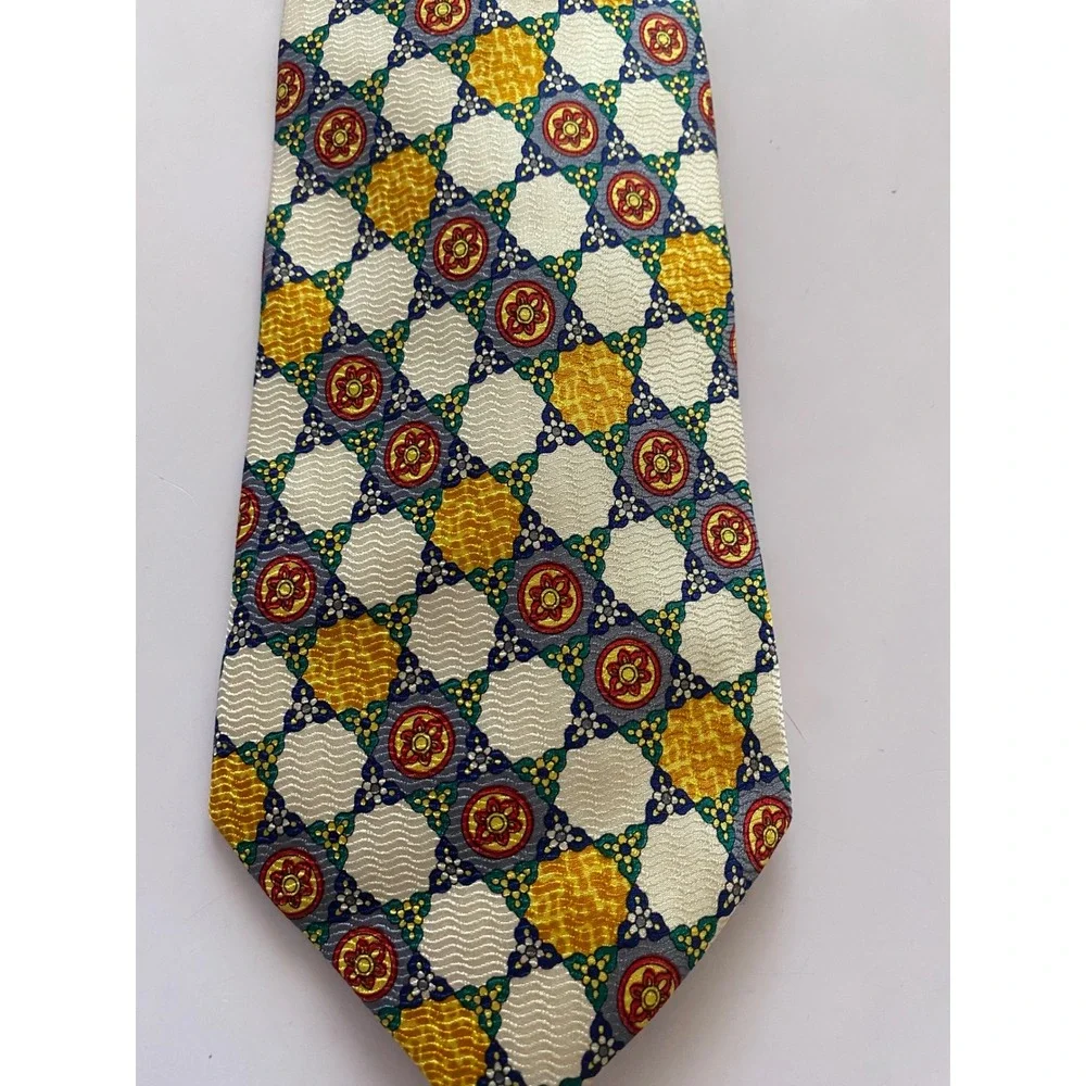 Shenshi Mens 100% Silk Tie Yellow Blue Red Geometric Medallion Woven Pattern